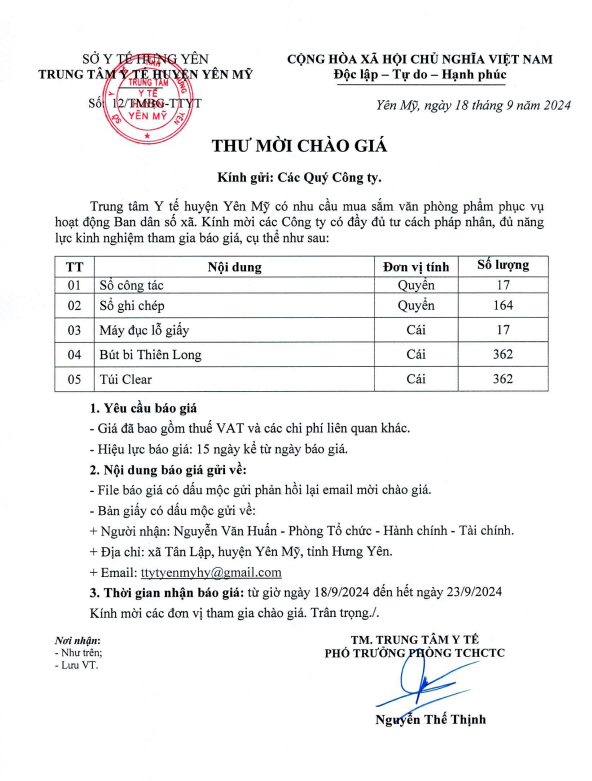 Thư mời chào giá mua sắm văn phòng phầm