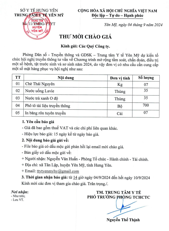 Thư mời chào giá cung cấp một số mặt hàng phục vụ hội nghị